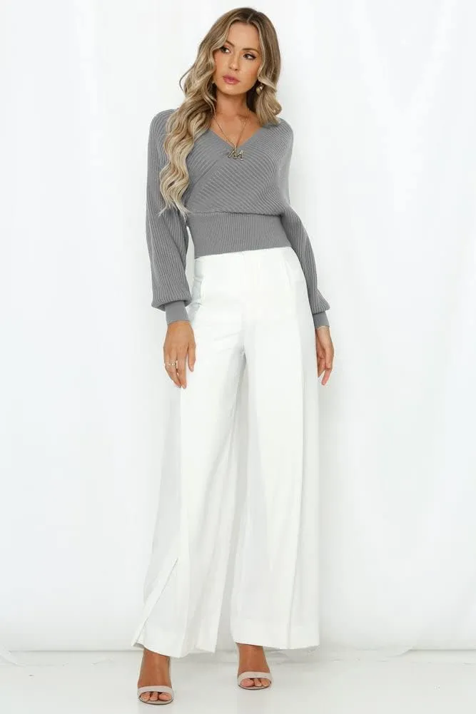 ZAFUL Women's Wrap V Neck Knit Cropped Sweater Lantern Long Sleeve Sexy Cross Ribbed Drop Shoulder Pullover Tops