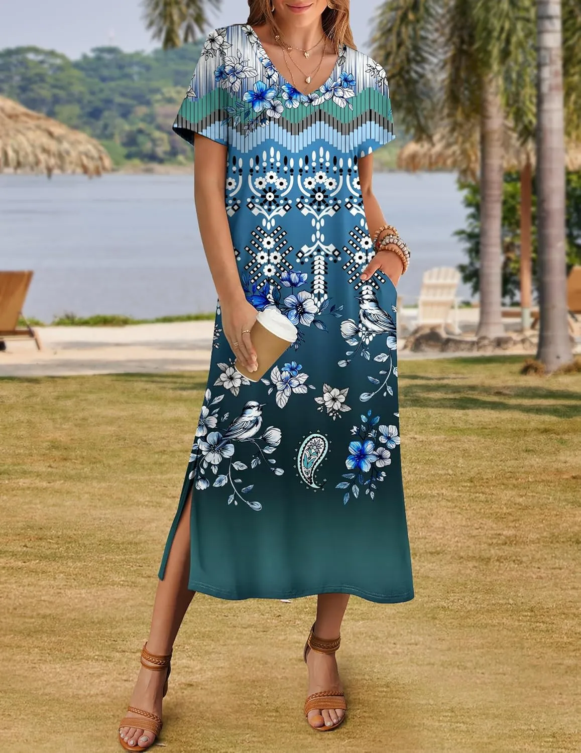 Zeagoo Women Summer Floral Dress Short Sleeve Beach Dress with Pockets Casual V-Neck Split Long T-Shirt Dress Travel Vacation