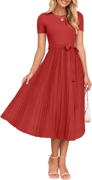 ZESICA Womens 2025 Summer Short Sleeve Midi Dresses Casual Crew Neck Knit Belted Pleated A Line Flowy Wedding Guest Dress