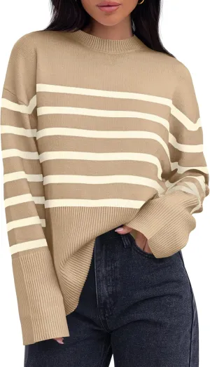 ZESICA Women's Fall Winter Striped Long Sleeve Crew Neck Ribbed Knit Side Slit Oversized Pullover Sweater Jumper Top