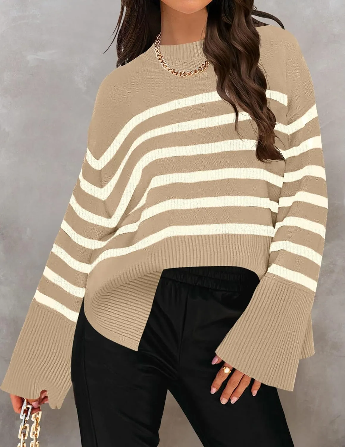 ZESICA Women's Fall Winter Striped Long Sleeve Crew Neck Ribbed Knit Side Slit Oversized Pullover Sweater Jumper Top