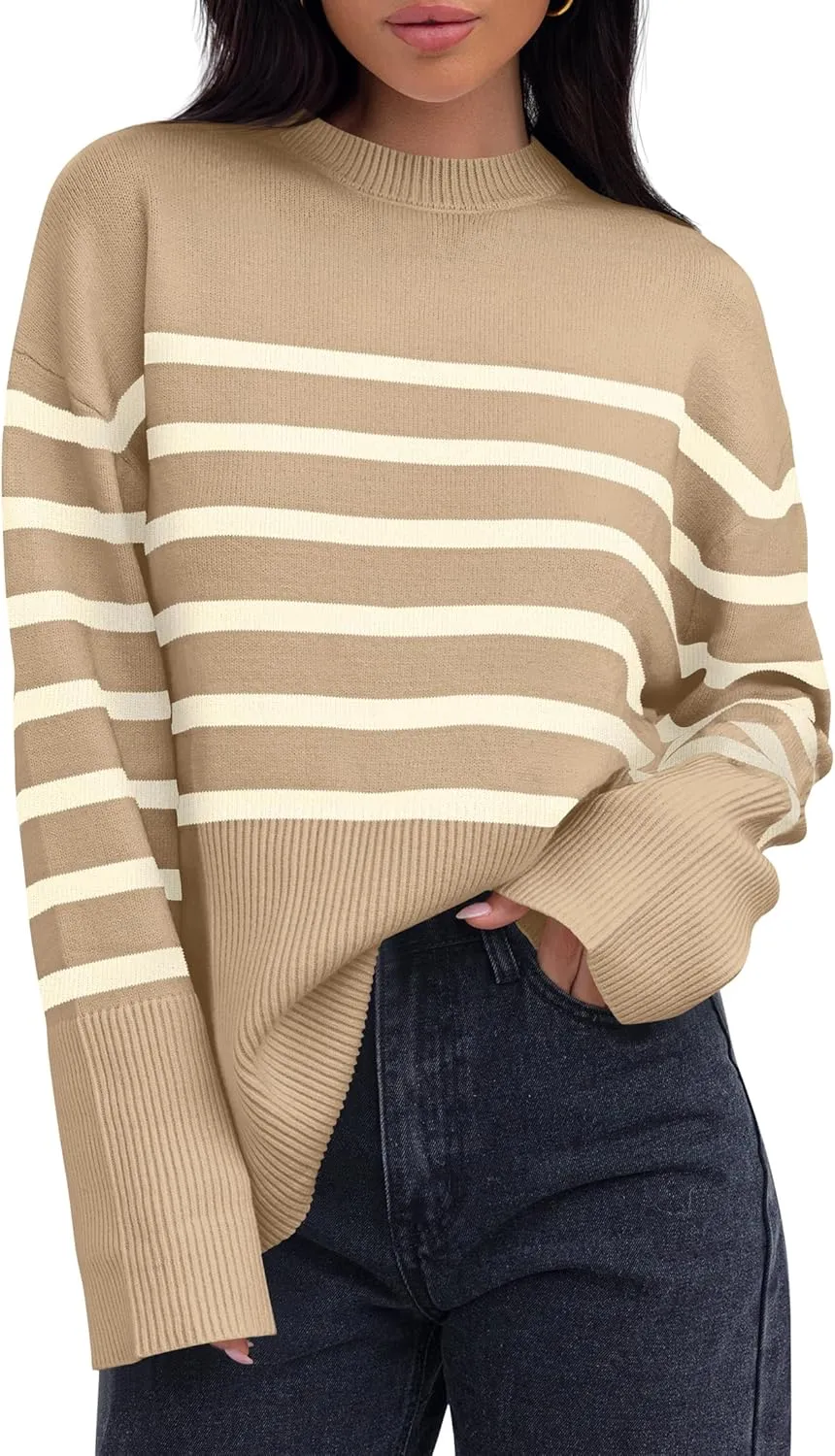 ZESICA Women's Fall Winter Striped Long Sleeve Crew Neck Ribbed Knit Side Slit Oversized Pullover Sweater Jumper Top