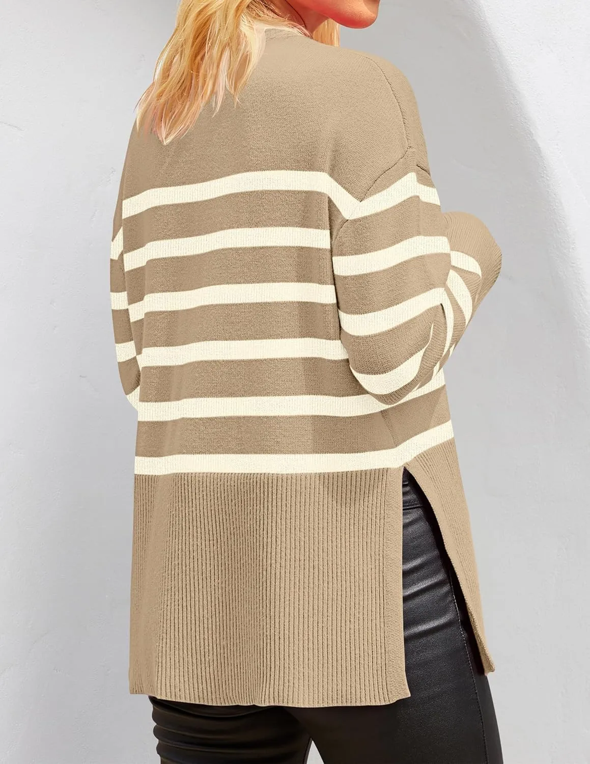 ZESICA Women's Fall Winter Striped Long Sleeve Crew Neck Ribbed Knit Side Slit Oversized Pullover Sweater Jumper Top
