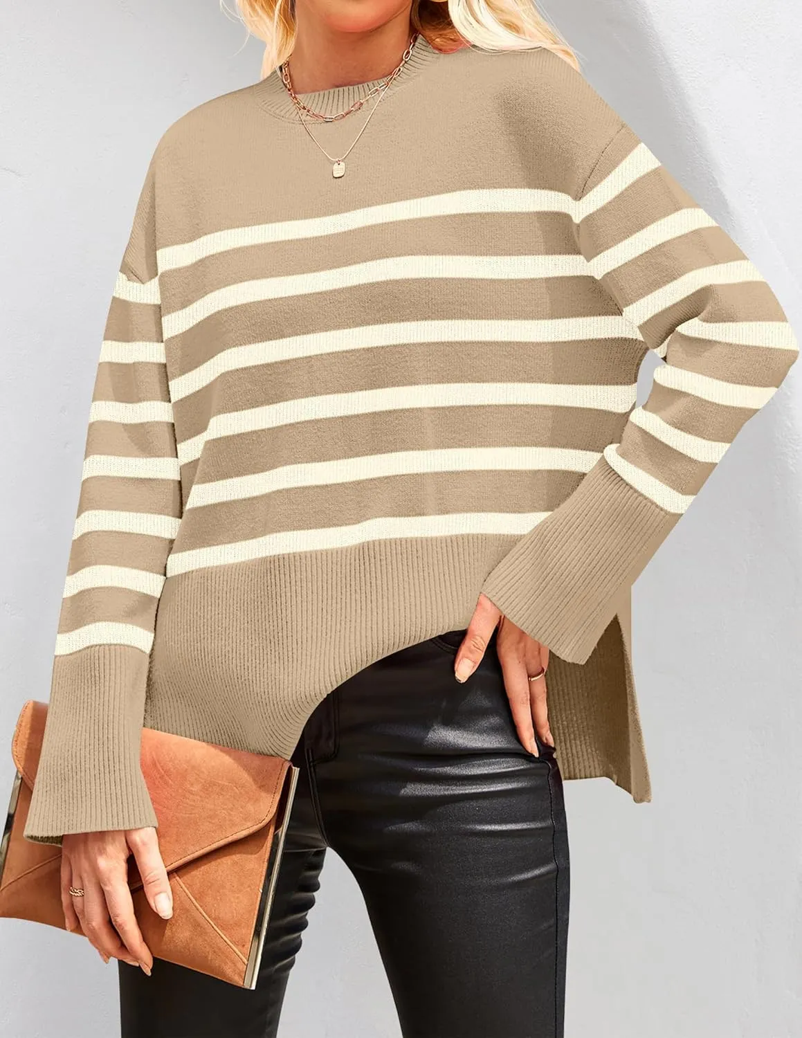 ZESICA Women's Fall Winter Striped Long Sleeve Crew Neck Ribbed Knit Side Slit Oversized Pullover Sweater Jumper Top