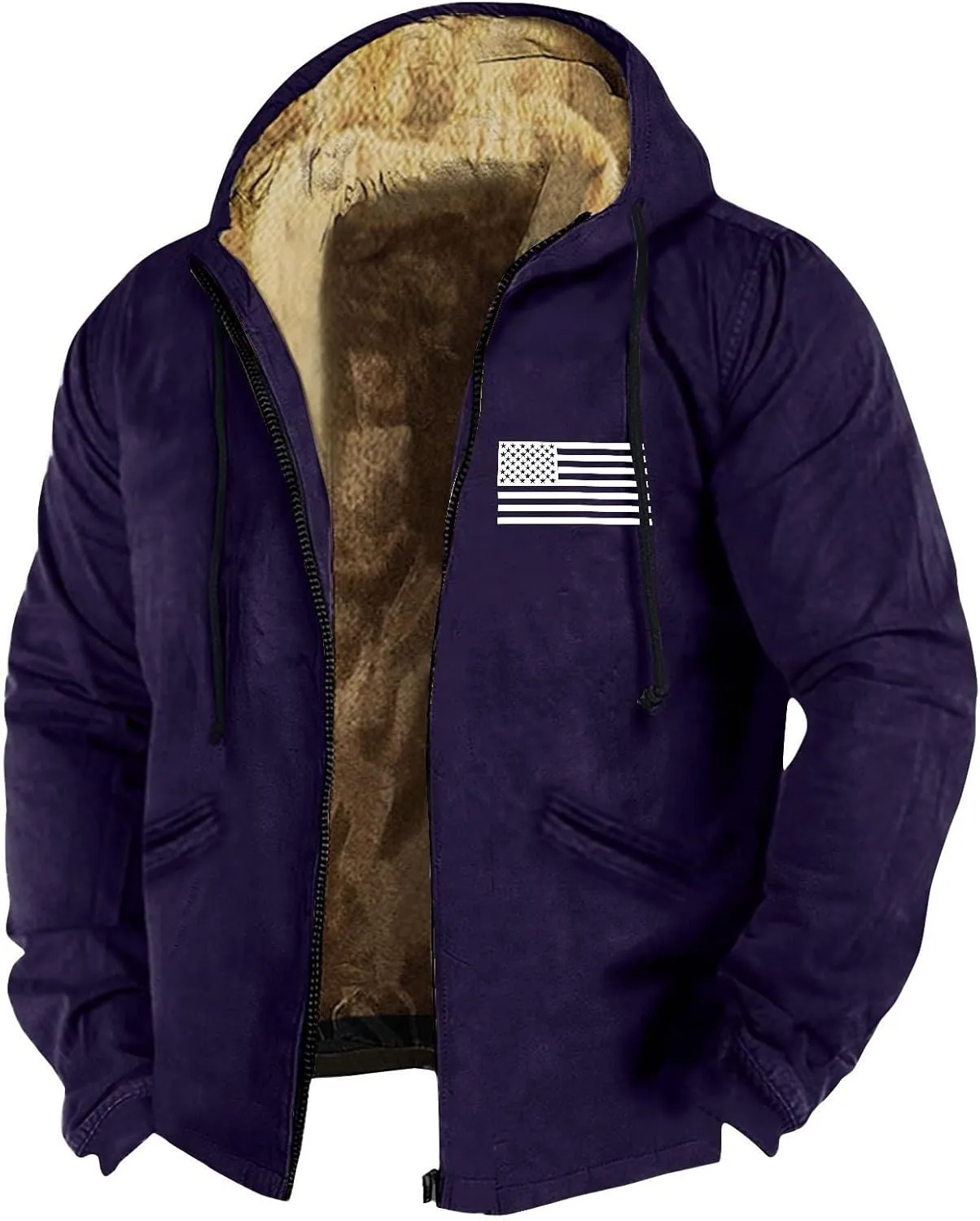 Zipper Hoodies for Men American Flag Print Sherpa Lined Flannel Hoodie Warm Cotton Fleece Jacket Fall Fashion Coat