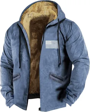 Zipper Hoodies for Men American Flag Print Sherpa Lined Flannel Hoodie Warm Cotton Fleece Jacket Fall Fashion Coat