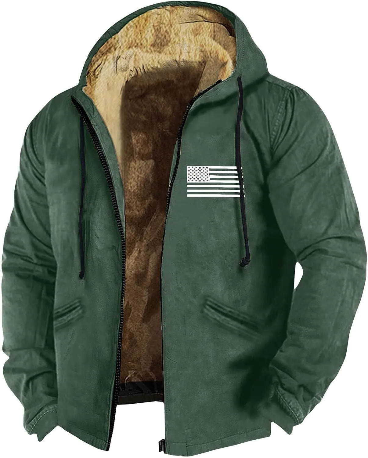 Zipper Hoodies for Men American Flag Print Sherpa Lined Flannel Hoodie Warm Cotton Fleece Jacket Fall Fashion Coat