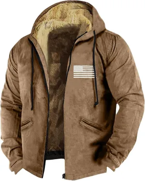 Zipper Hoodies for Men American Flag Print Sherpa Lined Flannel Hoodie Warm Cotton Fleece Jacket Fall Fashion Coat