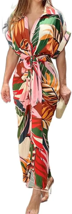 ZOCAVIA Women's Boho Floral Maxi Shirt Dress Elegant Work Wrap Summer Dress V Neck Button Dress with Belt