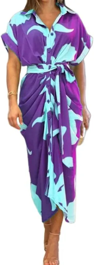 ZOCAVIA Women's Boho Floral Maxi Shirt Dress Elegant Work Wrap Summer Dress V Neck Button Dress with Belt