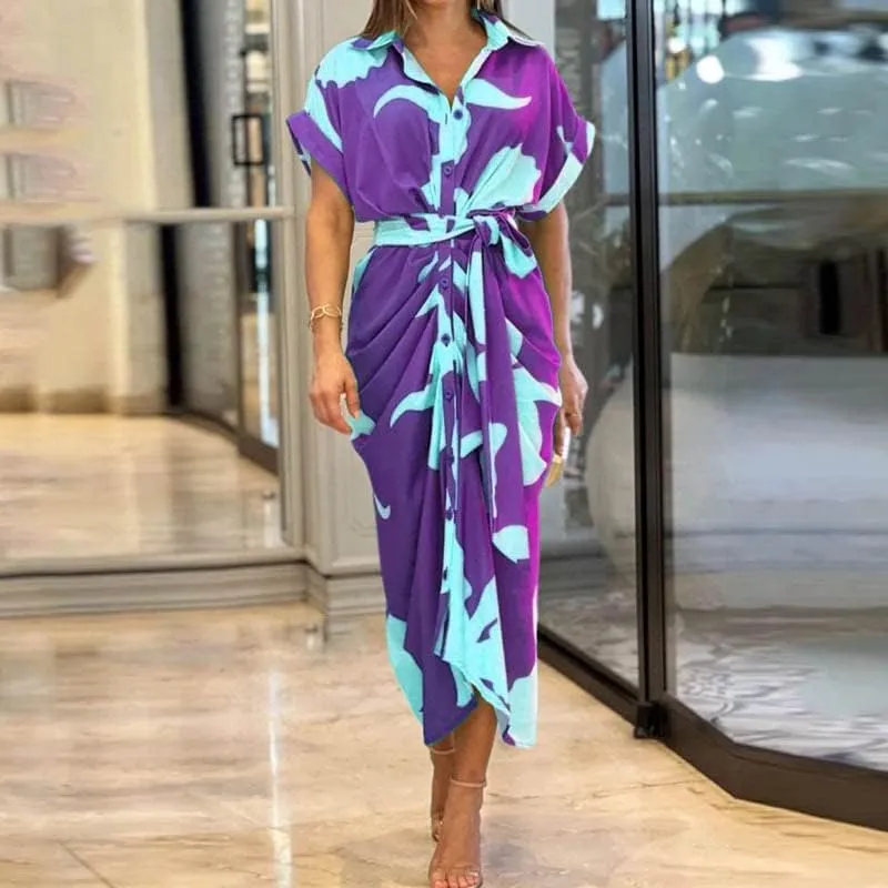 ZOCAVIA Women's Boho Floral Maxi Shirt Dress Elegant Work Wrap Summer Dress V Neck Button Dress with Belt