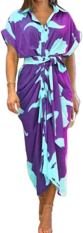 ZOCAVIA Women's Boho Floral Maxi Shirt Dress Elegant Work Wrap Summer Dress V Neck Button Dress with Belt
