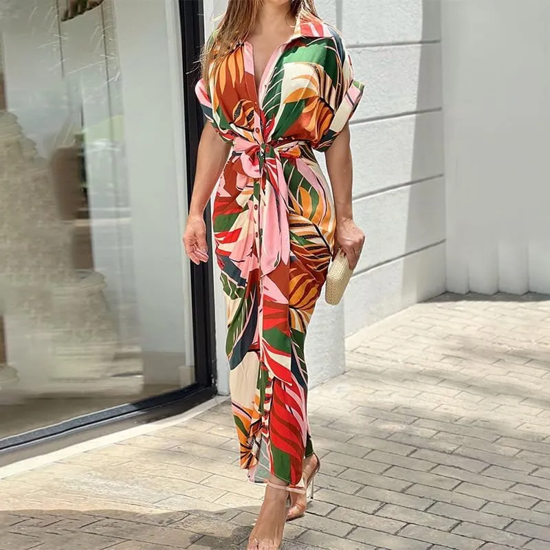 ZOCAVIA Women's Boho Floral Maxi Shirt Dress Elegant Work Wrap Summer Dress V Neck Button Dress with Belt