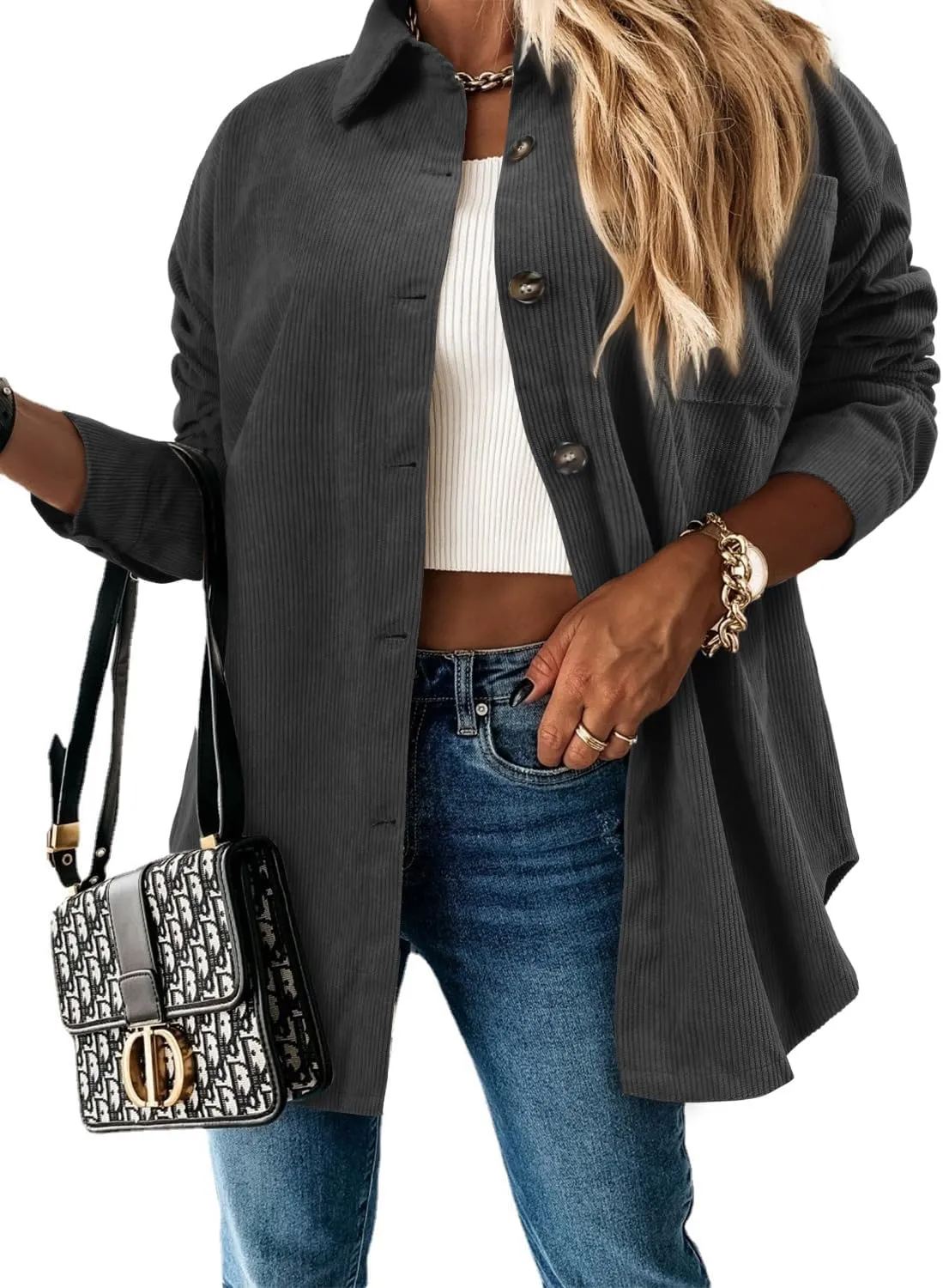 ZOLUCKY Womens Shackets Jacket Plus Size Long Sleeve Button Down Shirts Blouses Tops