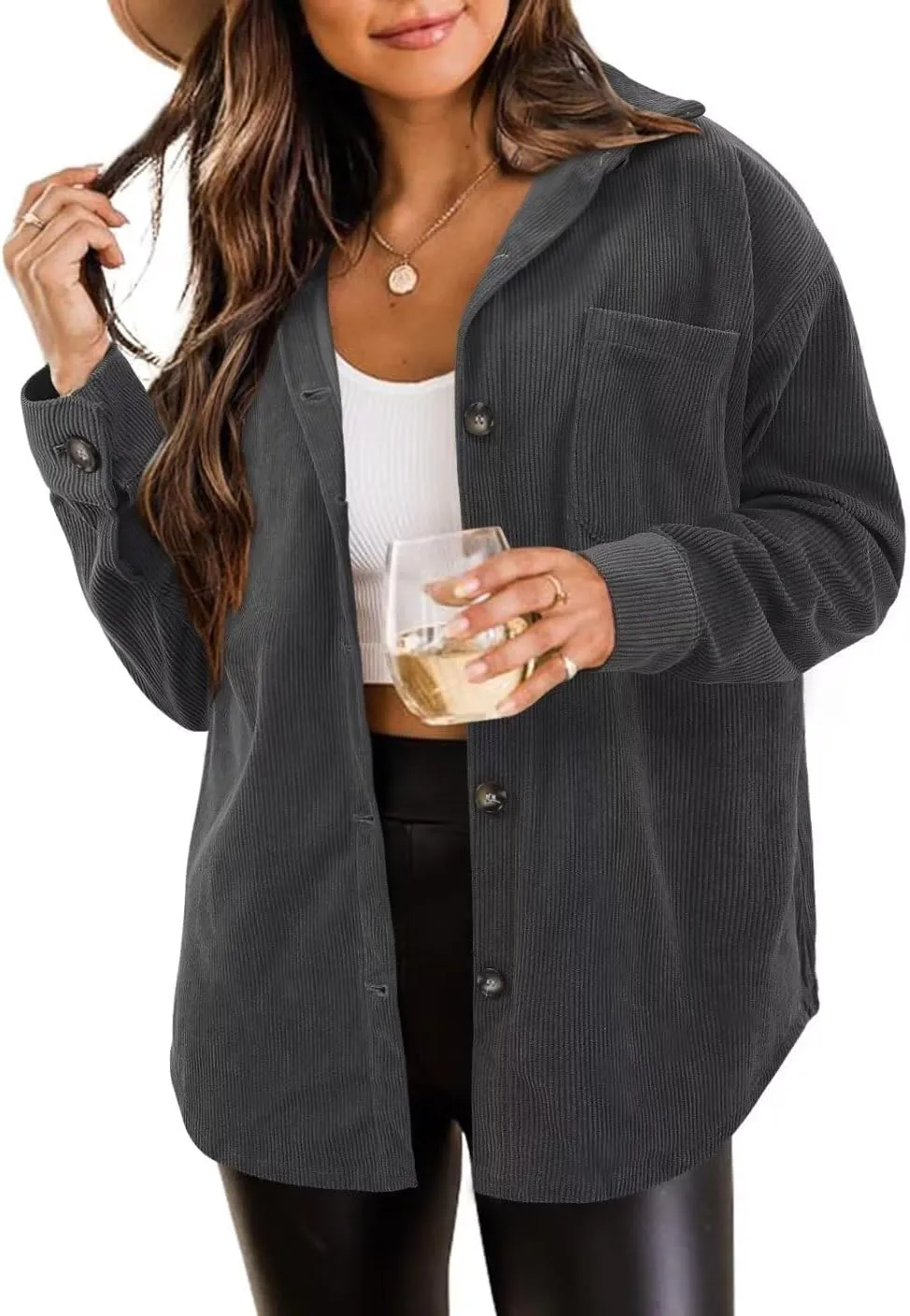 ZOLUCKY Womens Shackets Jacket Plus Size Long Sleeve Button Down Shirts Blouses Tops