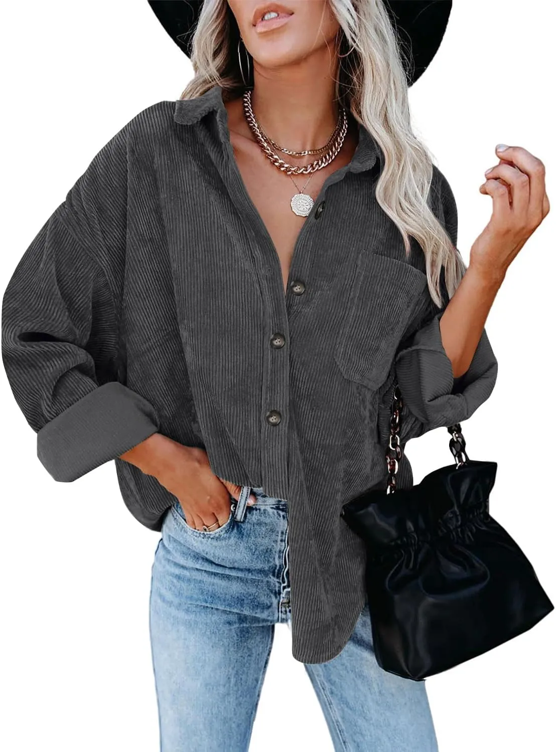 ZOLUCKY Womens Shackets Jacket Plus Size Long Sleeve Button Down Shirts Blouses Tops